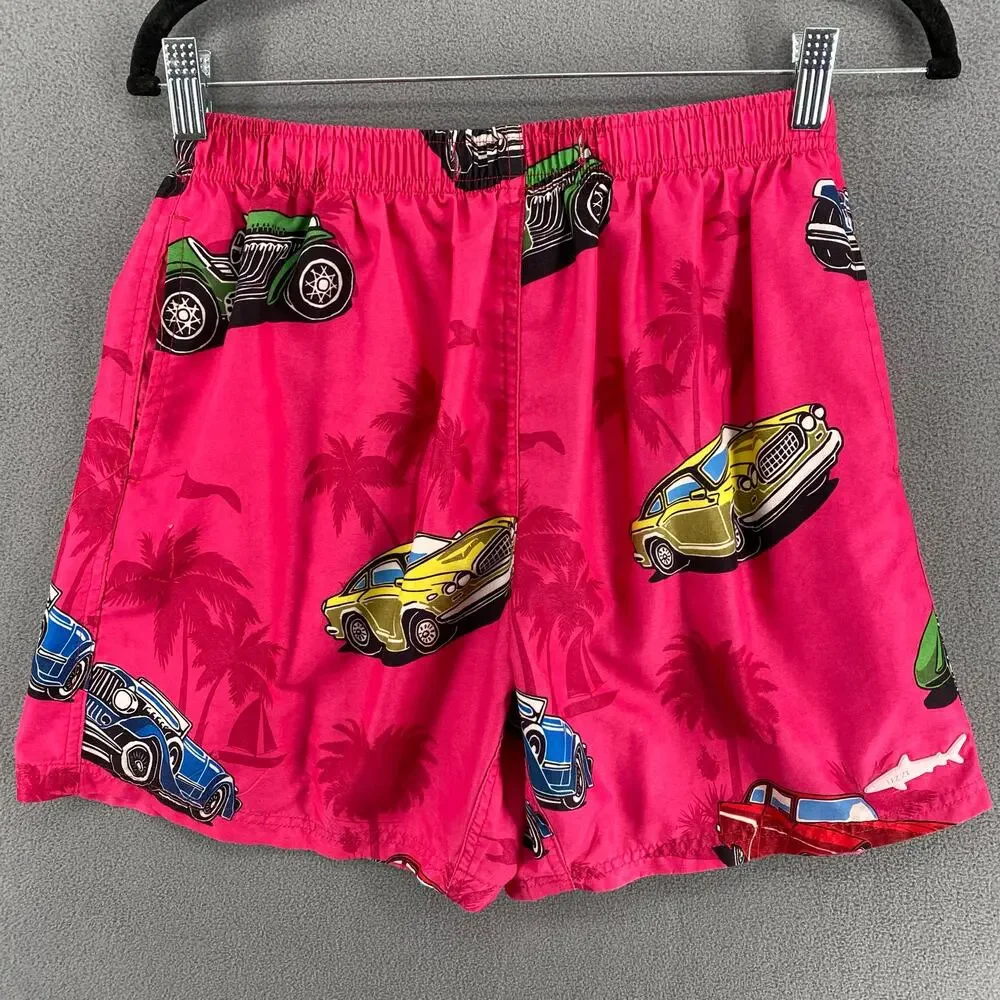Uzzi Active Wear Shorts Mens‎ M Pink Graphic Swim Surf Beach Festival Cars Palm